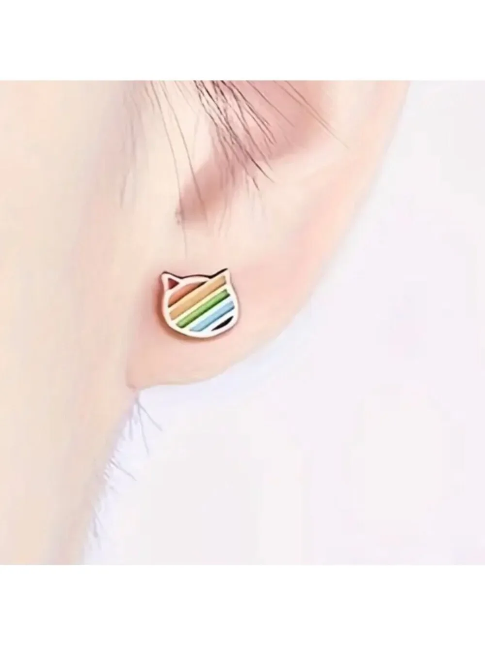🌈 Earrings--Tiny Rainbow Kitty Face Posts, Rose Gold